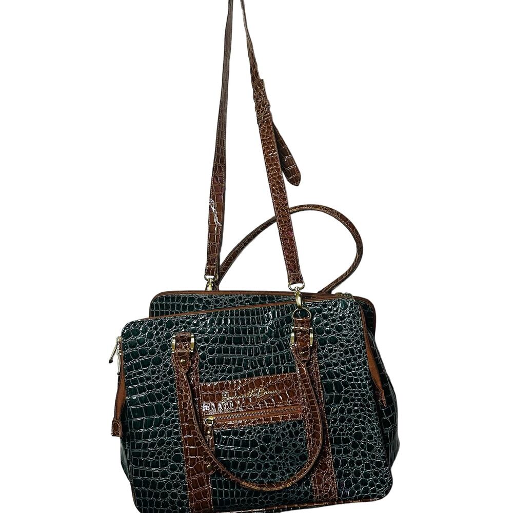 SAMANTHA Emerald Green Brown Croc Embossed Leather Three Compartment Travel Tote